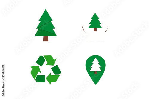 Symbols showing nature protection and environmental awareness with trees, hands, recycling, and location markers representing sustainability efforts