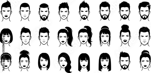 Silhouette icons of male and female heads with different hairstyles and facial hair vector illustration
