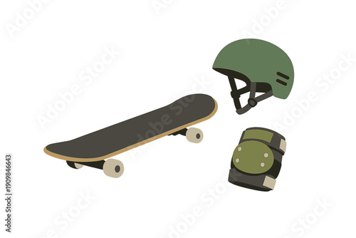 Skateboard and safety gear set on a white background showing the equipment often used for skateboarding practices and activities at any time