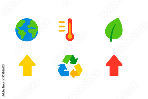 Image shows symbols related to environmental themes such as earth, temperature, green energy, recycling and upward movement in a simple layout with bright colors