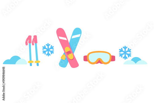 Colorful skiing equipment with skis, poles, and goggles placed near snowflakes and clouds in a winter setting during daytime