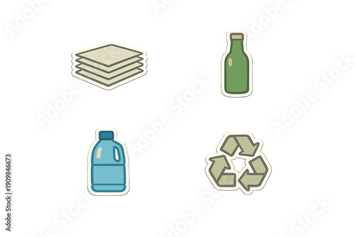 Different types of recyclable materials including cardboard, glass, and plastic shown in a simple design on a flat surface in a bright indoor setting
