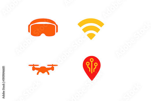 Icons of technology showing virtual reality goggles, wireless signal, drone, and a location pin with circuit pattern represent advancements in electronic devices and connectivity