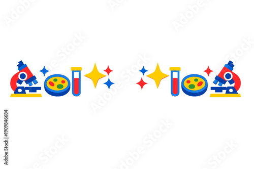 Colorful graphic showing science tools and laboratory equipment with a focus on microscopes, test tubes, and petri dishes used in experiments in a lab setting