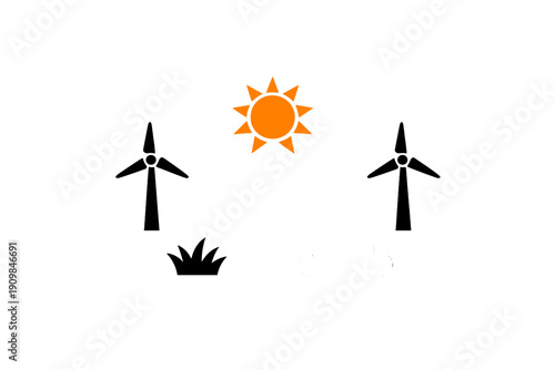 Wind turbines stand in a field under the sun with a cloudy sky showing green grass in the middle of the day in a clean energy scene