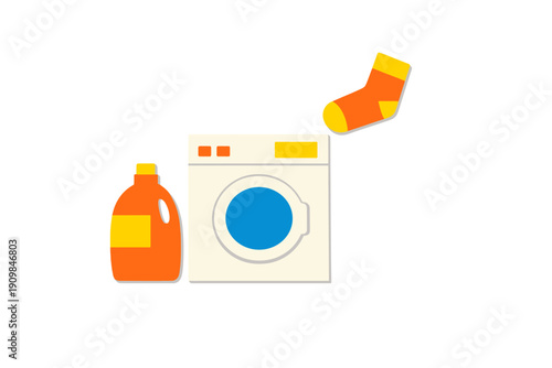 Washing machine with detergent and a single sock at home during the day while preparing for laundry tasks
