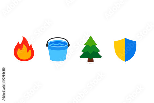 Fire, water, tree, and shield are shown as symbols of safety and protection against wildfires during a forest fire safety training event in a public area