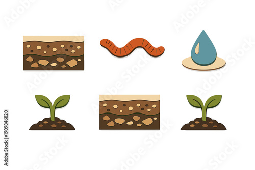 Illustration showing the process of soil and plant growth with key elements like worms, water, and sprouts in a clear layout