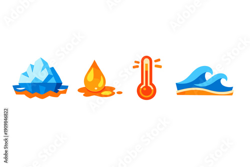 Different states of water show solid, liquid, gas, and waves representing various forms of H2O in a simple and clear graphic layout