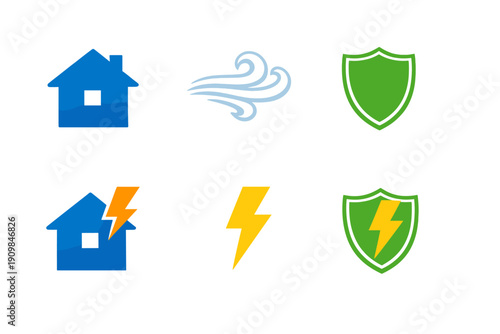 House symbols with wind, shields, and lightning representing safety and weather protection for homes in various conditions