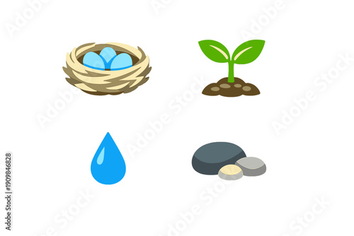 Nest with eggs, sprouting plant, water drop, and stones represent nature and growth in a simple design