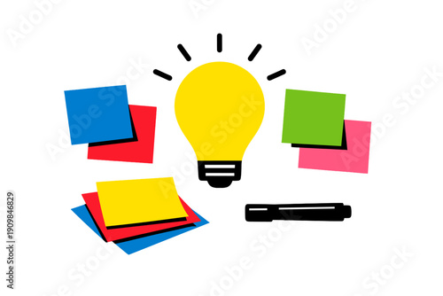 Note-taking tools are arranged with a light bulb and a marker to show ideas and inspiration during a brainstorming session
