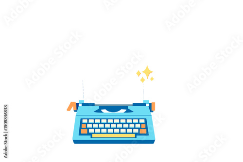 Creative work with a blue typewriter in a simple design that shows the act of typing in a bright space with no distractions during daytime hours