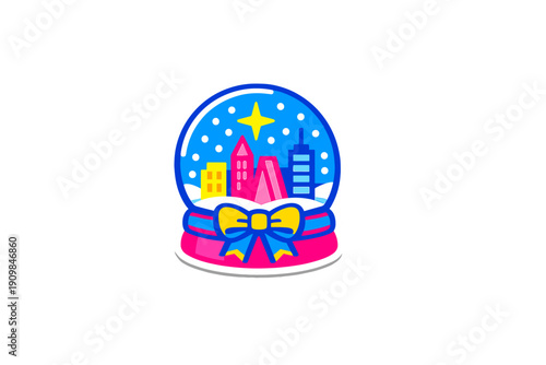 Colorful snow globe with buildings and a star on top showing a winter scene with falling snow