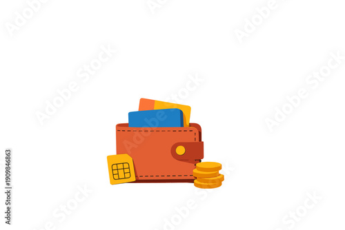 Wallet with cards and coins near a SIM card represents financial tools and mobile connectivity in a digital world