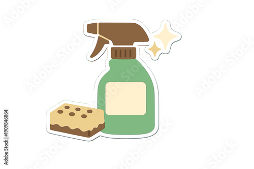 Cleaning spray and sponge ready for use in a household setting on a bright day in a kitchen environment