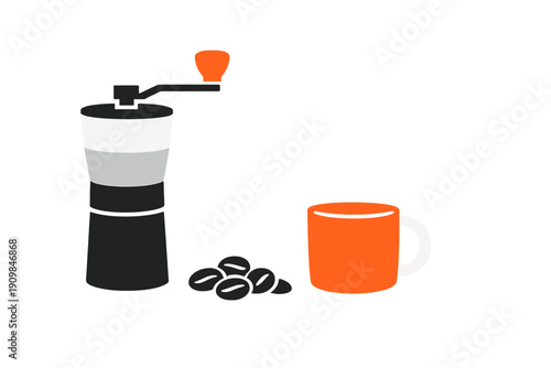 Coffee grinding and brewing process with a coffee grinder, coffee beans, and a cup on a simple background in a home kitchen setting during the morning hours