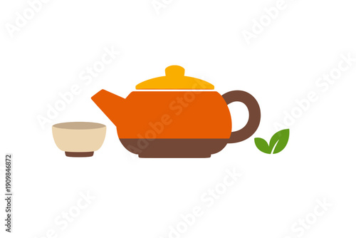 Teapot and cup with green leaf on a plain background during afternoon tea time