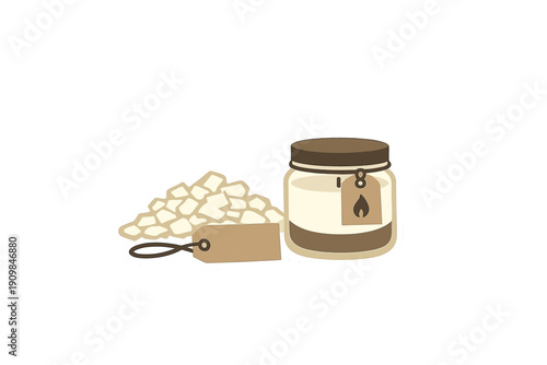 Container of sugar and a pile of sugar cubes on a plain background in a kitchen setting during the day