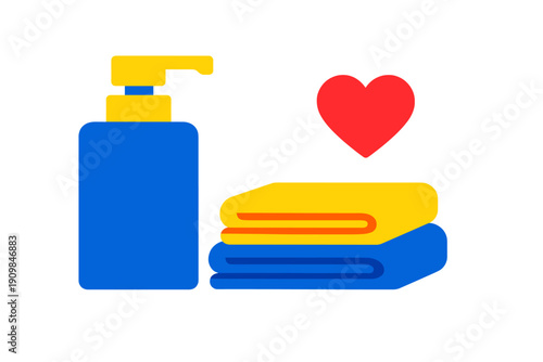 A bottle of soap with towels and a heart shape placed together on a simple background during a clean and neat setting