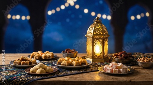 Traditional assorted middle eastern sweets dates nuts and a glowing ornate lantern illuminate a festive evening setting for ramadan celebrations or cultural gatherings