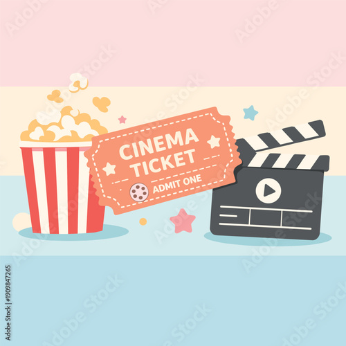 Cute cinema ticket with popcorn and clapperboard