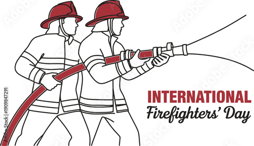 International Firefighters' Day Action Illustration with Two Firemen Using Water Hose for Emergency Response and Heroism Appreciation