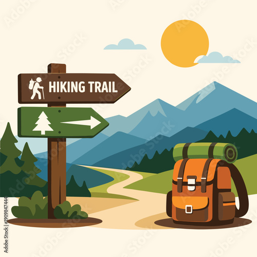 Hiking trail sign with backpack and scenic landscape