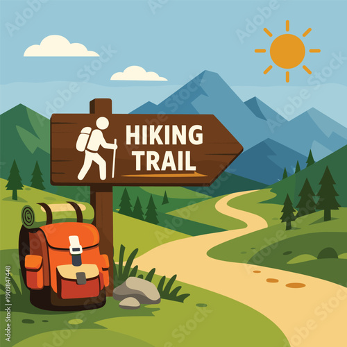 Scenic hiking trail with signpost and backpack