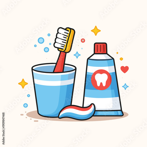 Toothbrush and toothpaste in a bathroom setting