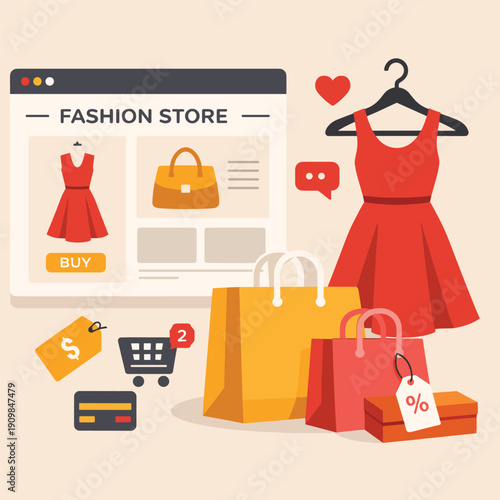 Fashion store website layout with dresses and bags