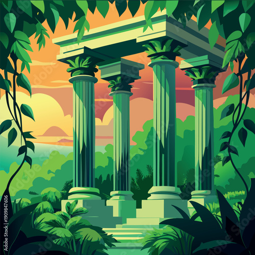 Ancient stone columns covered in green vines, hidden in a lush jungle