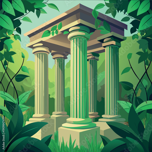Ancient stone columns covered in green vines, hidden in a lush jungle
