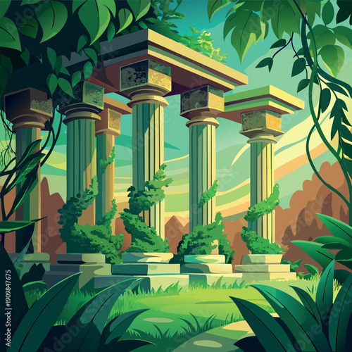 Ancient stone columns covered in green vines, hidden in a lush jungle