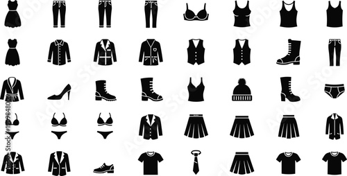 Black silhouette icons of women's clothing and footwear – dresses, pants, bras, jackets, boots, skirts, shirts, shoes, and accessories