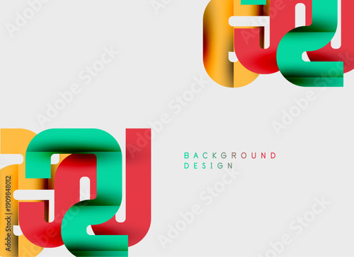 Abstract design features layered shapes, vibrant colors. Red, green, yellow elements create dynamic composition. Minimalist style, modern aesthetic.