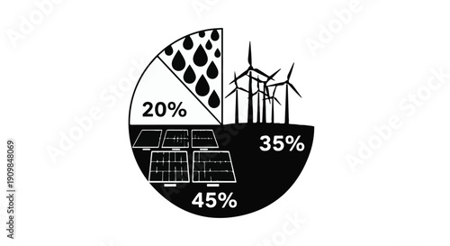 Renewable energy sources pie chart with solar, wind, and hydro power