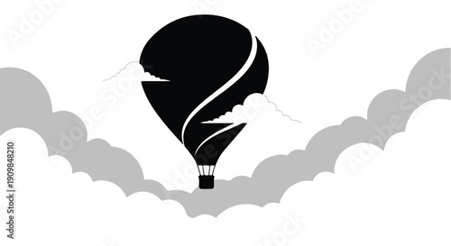 Hot air balloon soaring through cloudy sky