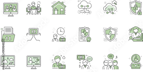 Business icons, technology symbols, communication graphics, cloud computing, cybersecurity visuals, financial management, remote work, global finance, teamwork