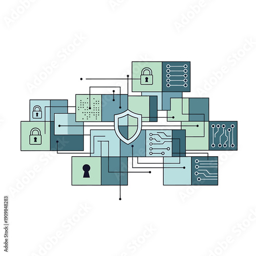 Cybersecurity network with shield and locks protecting data.