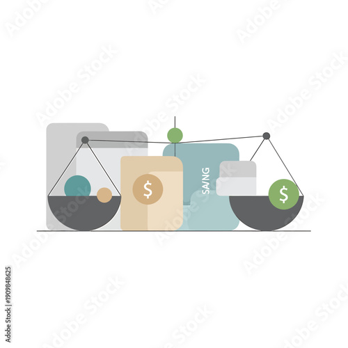 Financial Balance and Savings Management with Scales and Money.