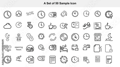 A collection of fifty black and white line icons depicting various objects including clocks weather transportation and everyday items high quality professional detailed modern elegant stylish