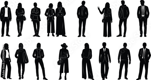 Set of 16 human silhouette icons in formal and casual attire with suits, dresses, jackets, handbags, and hats