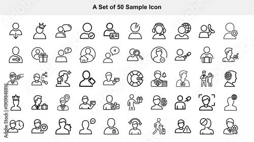 A collection of fifty simple black and white line icons representing diverse people objects and concepts in a grid arrangement high quality professional detailed modern elegant
