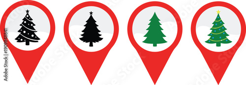 Christmas tree location pins, festive holiday map icons, seasonal decoration markers, colorful graphic set, cad drawing flat vector illustration