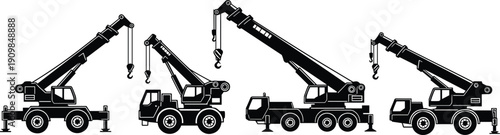 Set of 4 mobile crane silhouette icons with telescopic booms, hooks, and wheeled vehicle designs in varied configurations