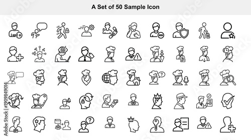 A collection of fifty simple black and white line icons depicting people objects and concepts for various applications high quality professional detailed modern elegant stylish clean