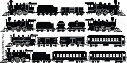 Set of vintage steam locomotive and train car silhouette icons including engines, tenders, boxcars, tank cars, and passenger cars