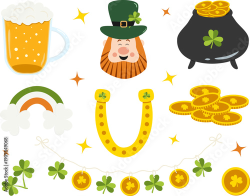 St. Patrick's Day isolated vector elements set on white background: leprechaun, beer, gold and lucky symbols.