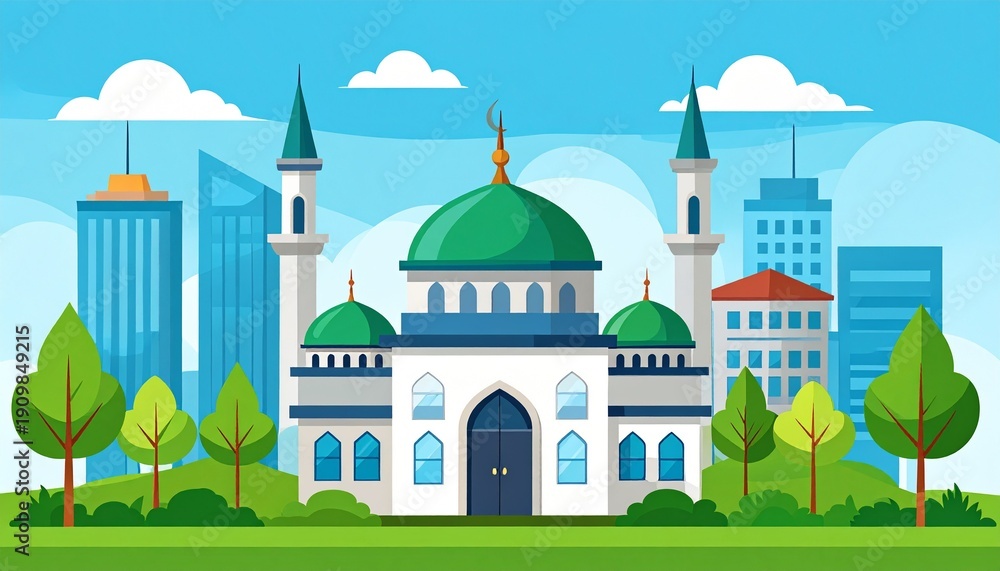 Fototapeta premium Modern mosque with green domes and minarets in futuristic city skyline under blue sky